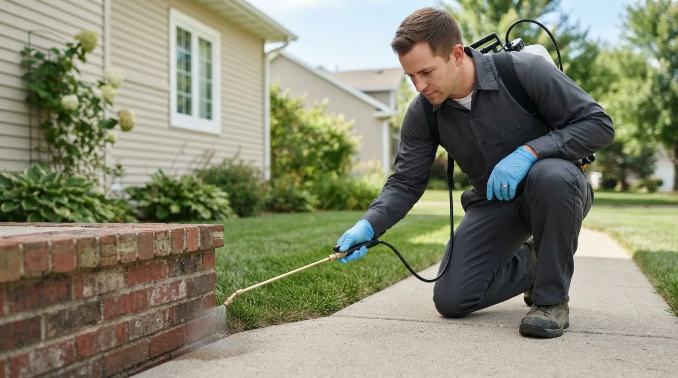 Pest control technician treating a home near Plainfield, MA