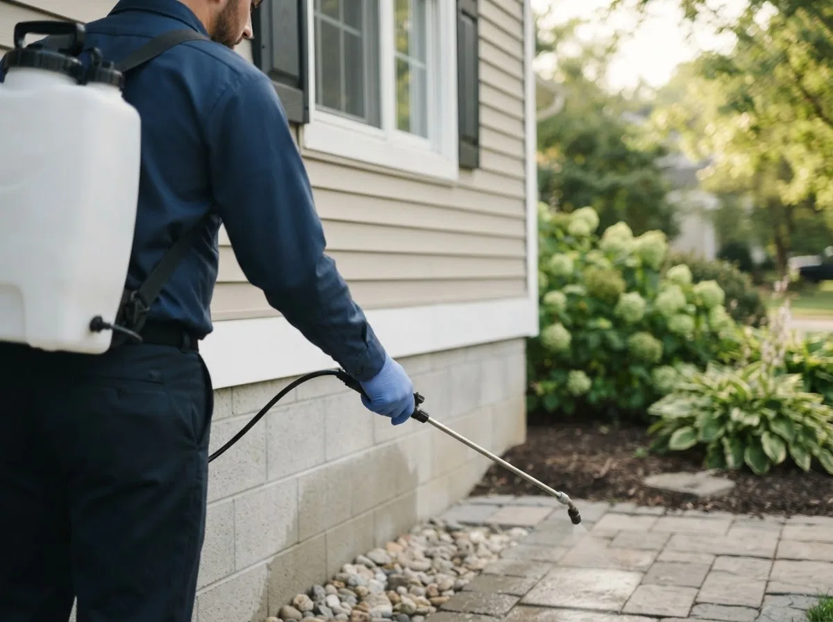Pest control technician inspecting a home in Plainfield, MA